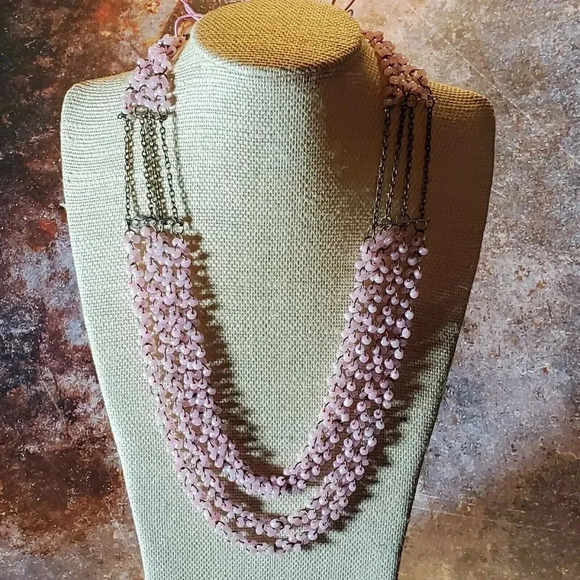 Edgy Little Pink Glazed Porcelain Beads Antique Brass Multistrand Necklace - Picture 4 of 8